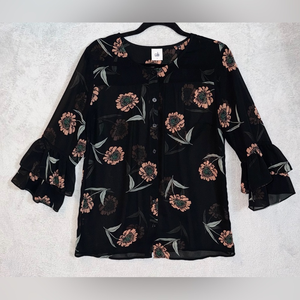 Cabi La Di Da Blouse Black Floral Print Oversized Womens Size Small Sheer GUC